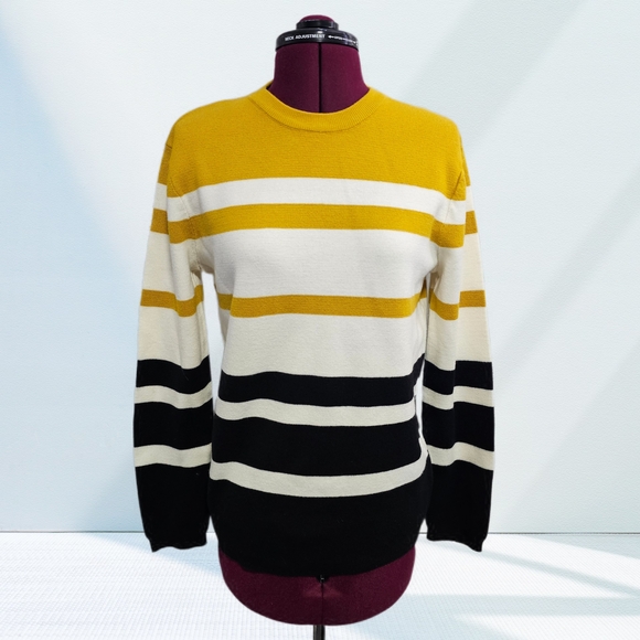 H&M Mens Jumper White Mustard Black Striped Knit Long Sleeve Crewneck - Picture 1 of 13